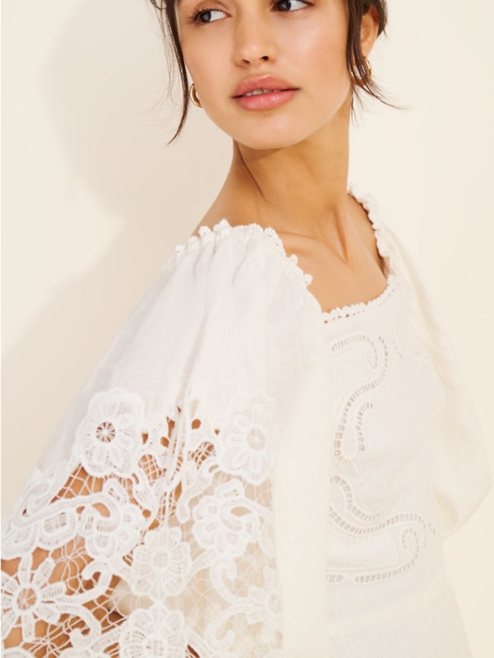 Farm Rio White Puff Long Sleeve Lace Linen Mini Dress - Picture 3 of 4